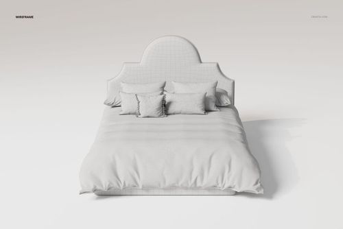 Front view of a bed with an upholstered arched headboard, multiple pillows, and a soft quilt in neutral tones.