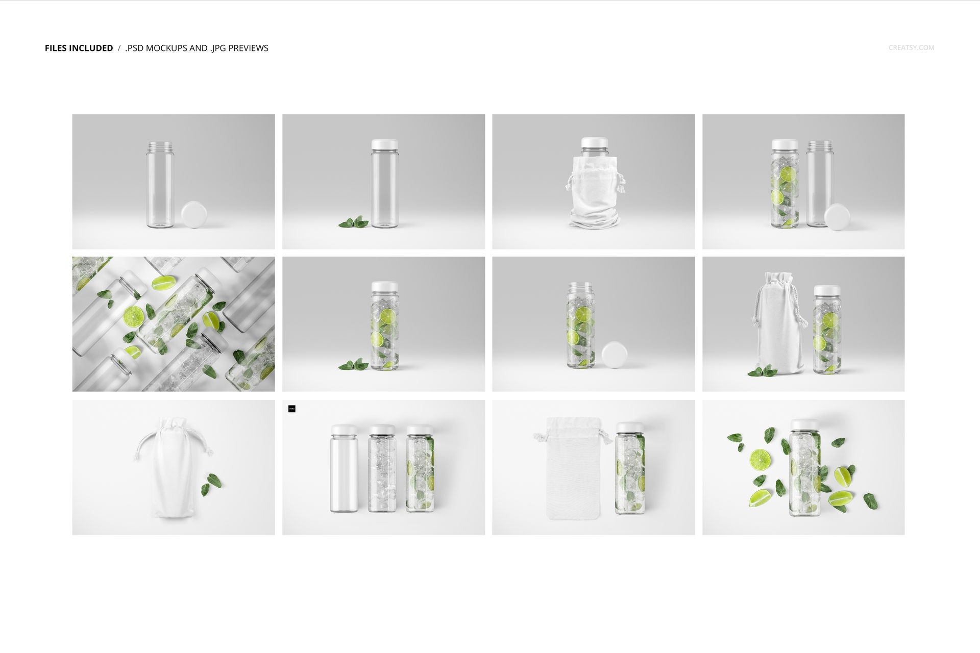 Clear water bottle mockup set featuring multiple transparent bottles with screw caps, shown from various angles on a light background.