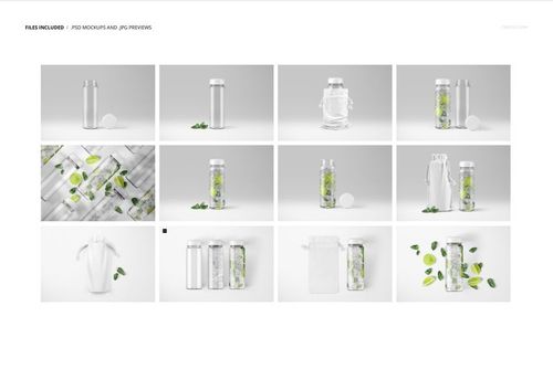 Clear water bottle mockup set featuring multiple transparent bottles with screw caps, shown from various angles on a light background.