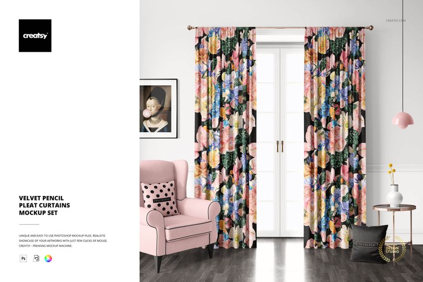 Velvet Pencil Pleat Curtains Mockup Set - mockup screenshot 1