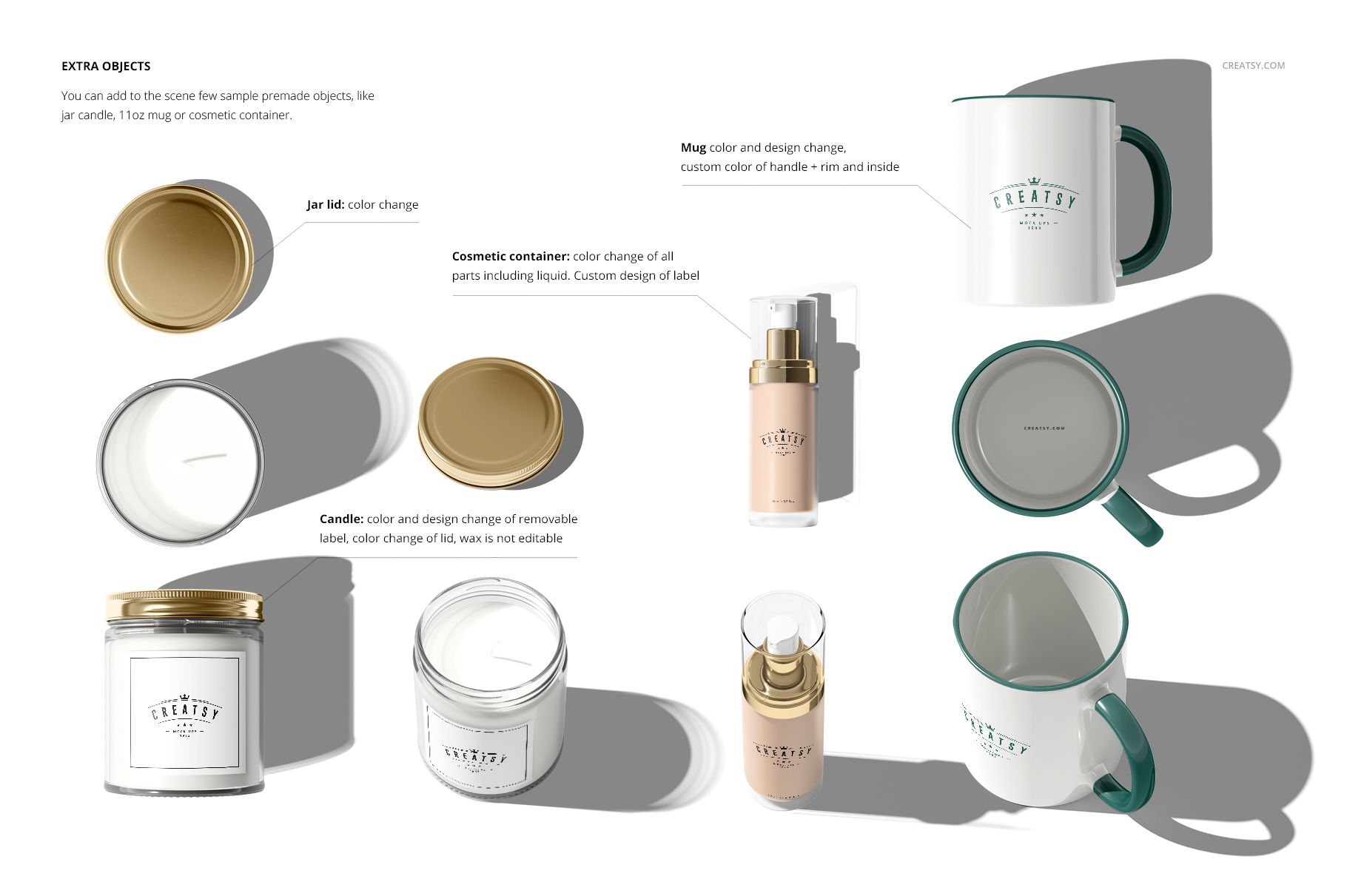 Insert Tray Generator Mailing Box mockup set featuring mugs, jars, and cosmetic bottles with customizable designs.