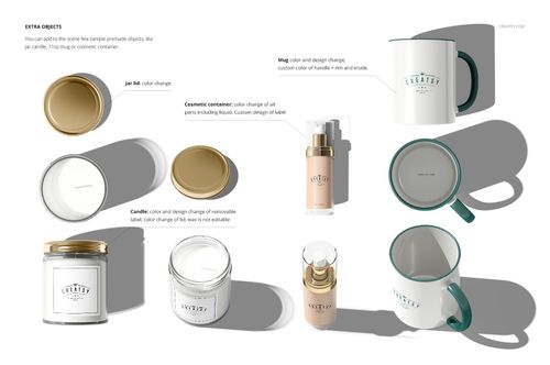 Insert Tray Generator Mailing Box mockup set featuring mugs, jars, and cosmetic bottles with customizable designs.