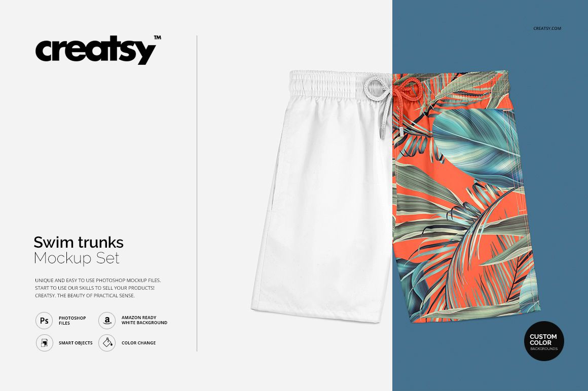 Front view of adult swim trunks mockup, half in plain white and half with a tropical leaf pattern on orange background.