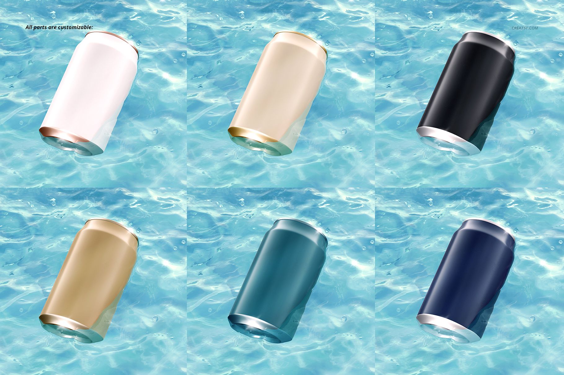 Mockup set featuring six drink cans in different colors, arranged on the surface of rippling blue water.