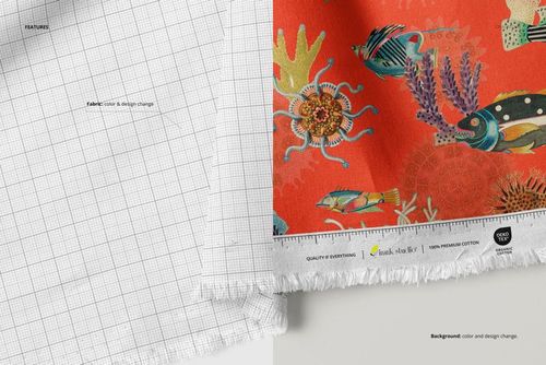 Front view of a cotton fabric mockup, half showing a colorful underwater pattern and half with a blank grid design.
