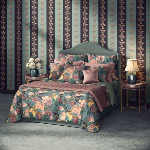 Colonial style bedroom mockup featuring a tufted headboard, floral bedding, striped floral wallpaper, and elegant side tables.