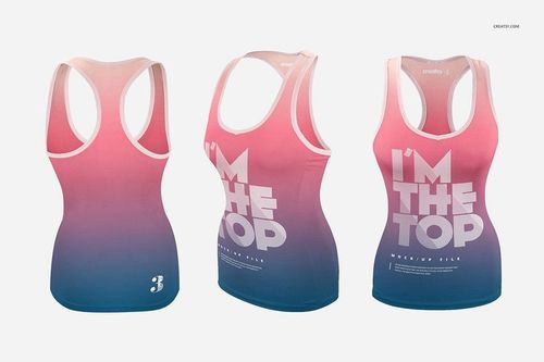 Women’s tank top mockup with a gradient pink to blue color scheme, shown in front, side, and back views on a white background.