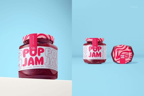 Apricot jam jar mockup featuring bold pink and white graphics, displayed upright and with a top-down lid view.
