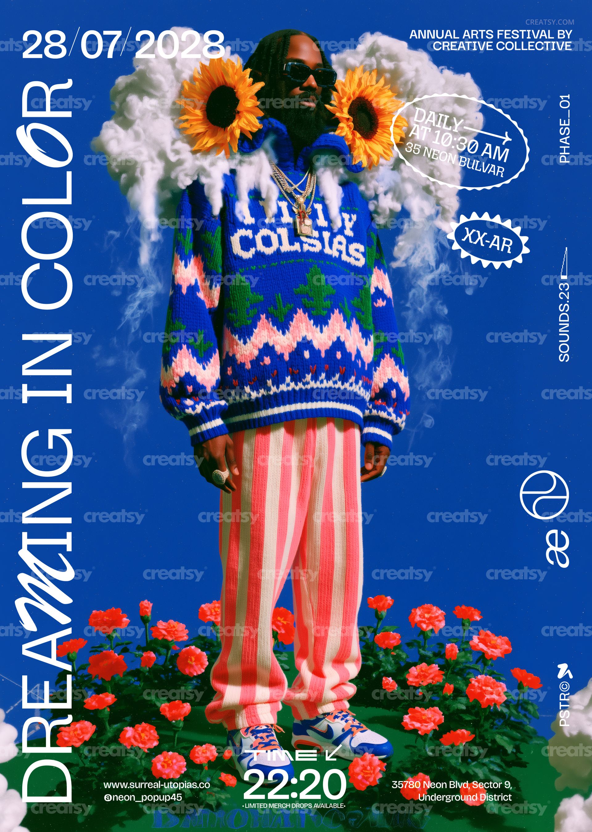 Poster mockup featuring a person standing among red roses, wearing a blue sweater and striped pants, with cloud and sunflower props against a bright blue sky.