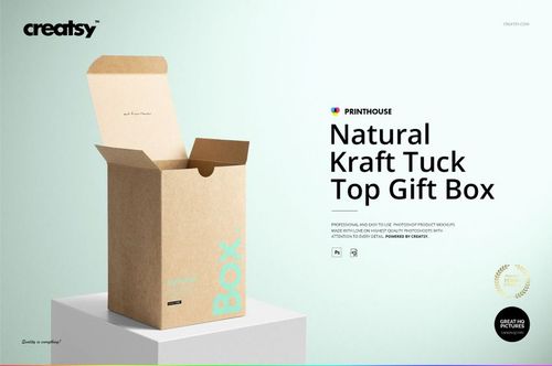 Single kraft tuck top gift box mockup shown upright with open flaps, featuring minimal blue text and a neutral setting.