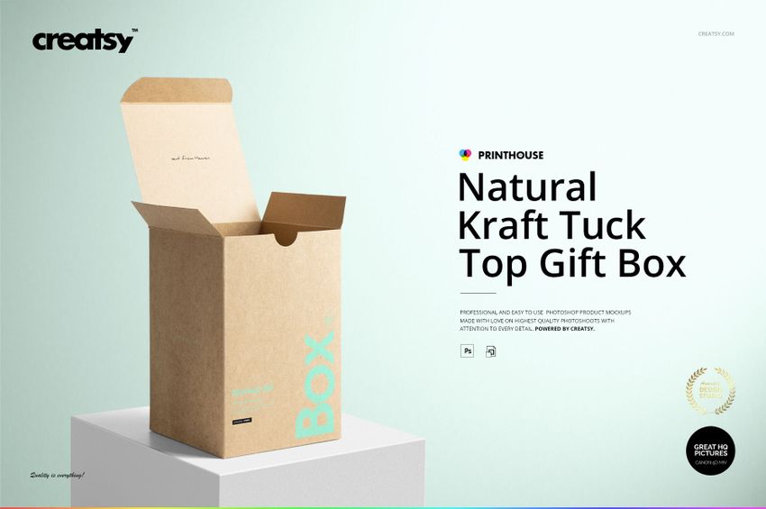 Single kraft tuck top gift box mockup shown upright with open flaps, featuring minimal blue text and a neutral setting.