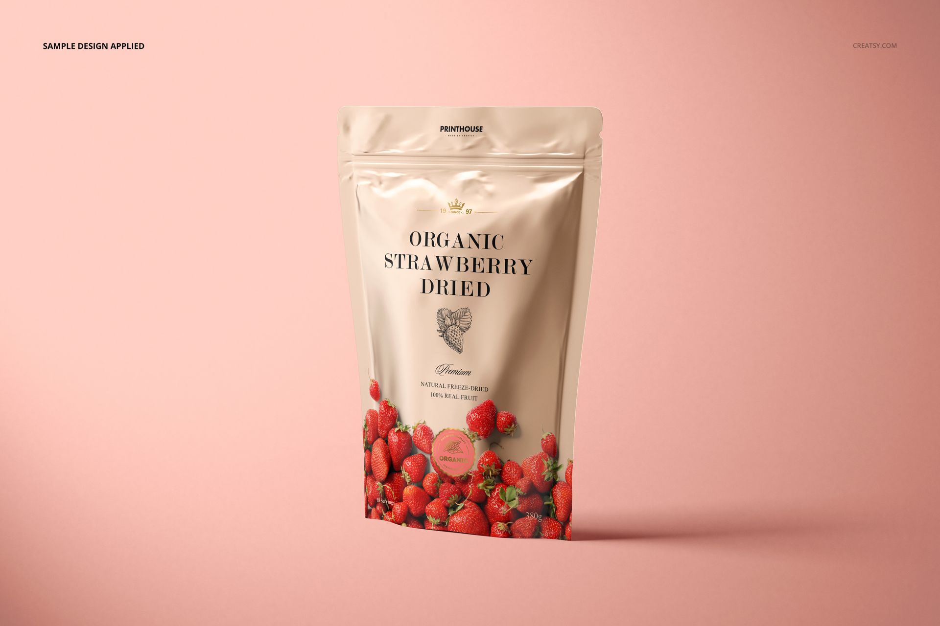 Metallic stand up zip lock pouch with strawberry pattern, shown from the front on a pink background, PSD mockup.