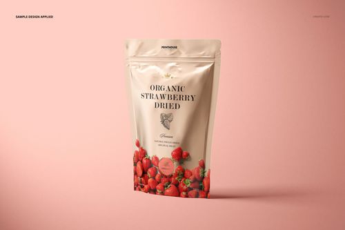 Metallic stand up zip lock pouch with strawberry pattern, shown from the front on a pink background, PSD mockup.