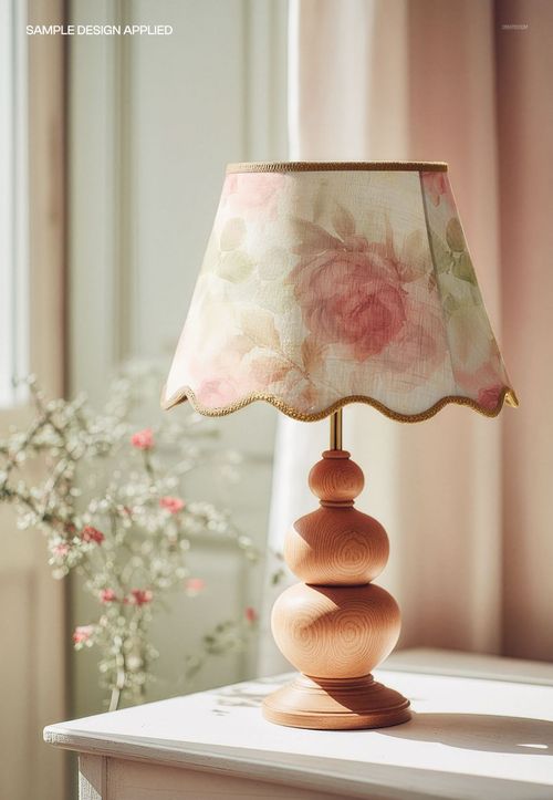 Floral-patterned scalloped lampshade mockup displayed on a sculpted wooden base, photographed in natural daylight.
