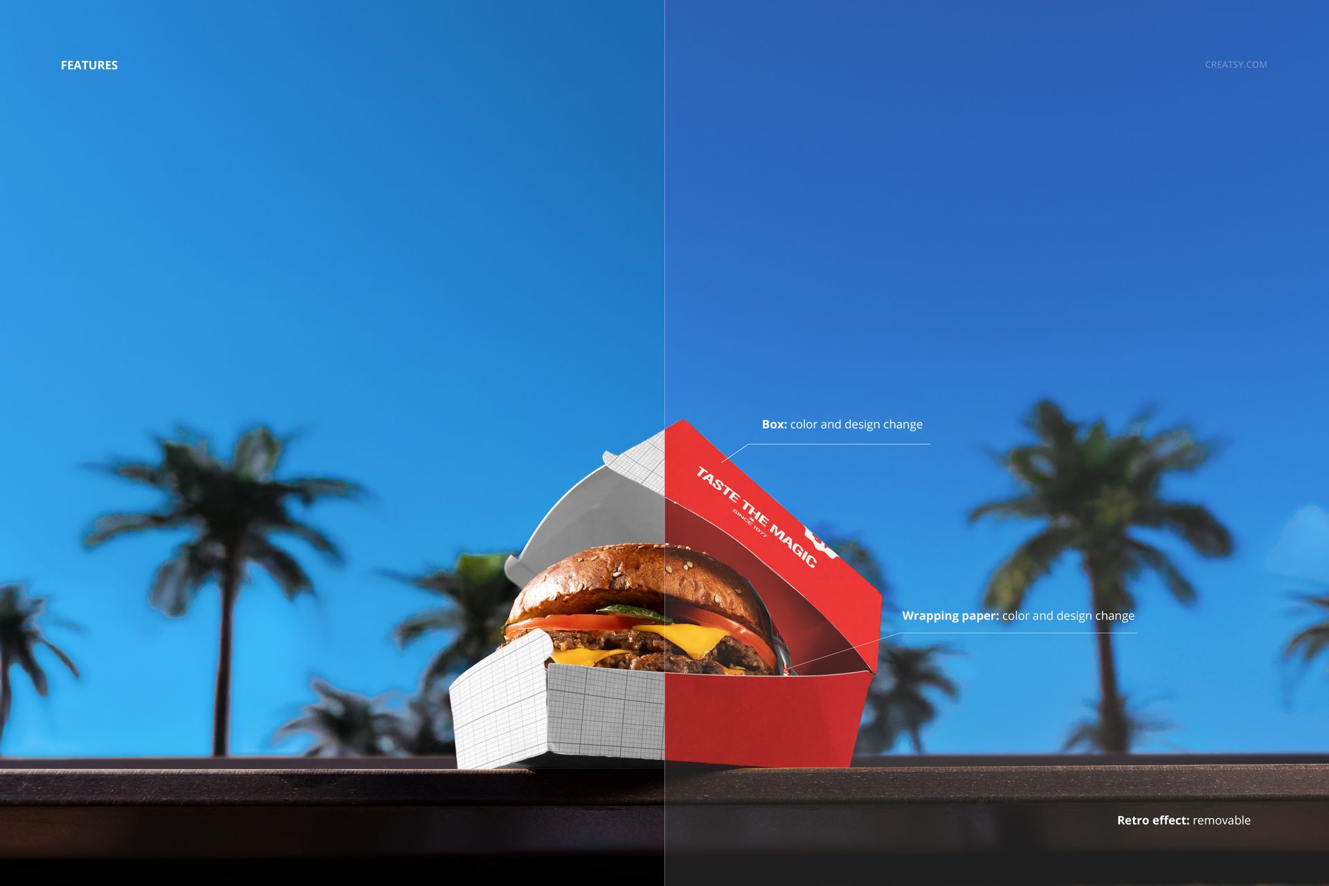 Open burger box mockup with a burger inside, set on a ledge against a bright blue sky and blurred palm trees.