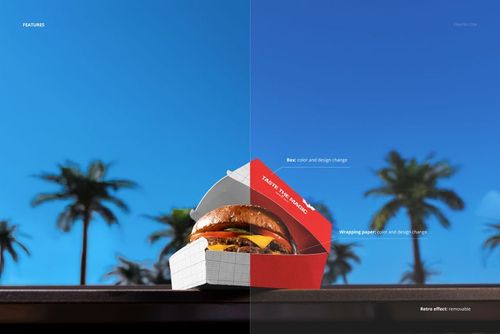 Open burger box mockup with a burger inside, set on a ledge against a bright blue sky and blurred palm trees.