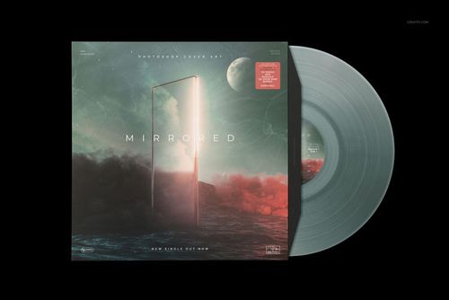 PSD mockup of a colored vinyl record and album cover with ethereal clouds, moon, and mirrored portal artwork.