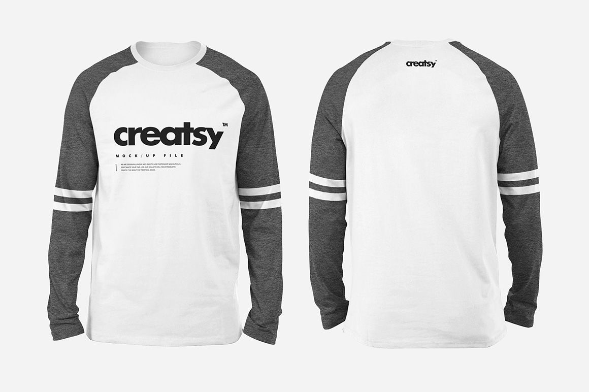 Front and back view of a raglan longsleeve shirt mockup with white body and dark gray sleeves on a plain background.