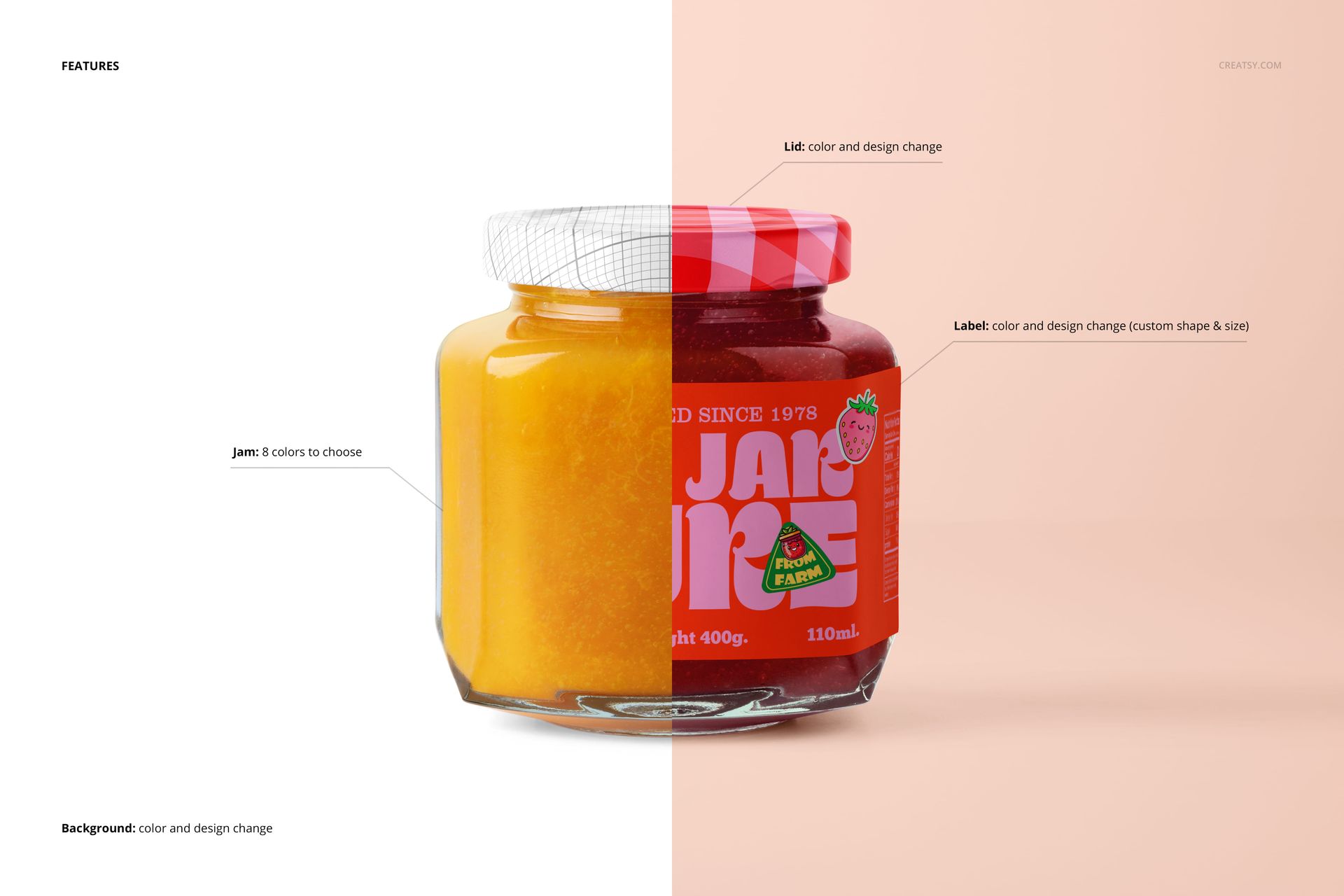 Front view of a clear glass jam jar mockup with a screw lid, split between yellow and red jam, on two-tone background.