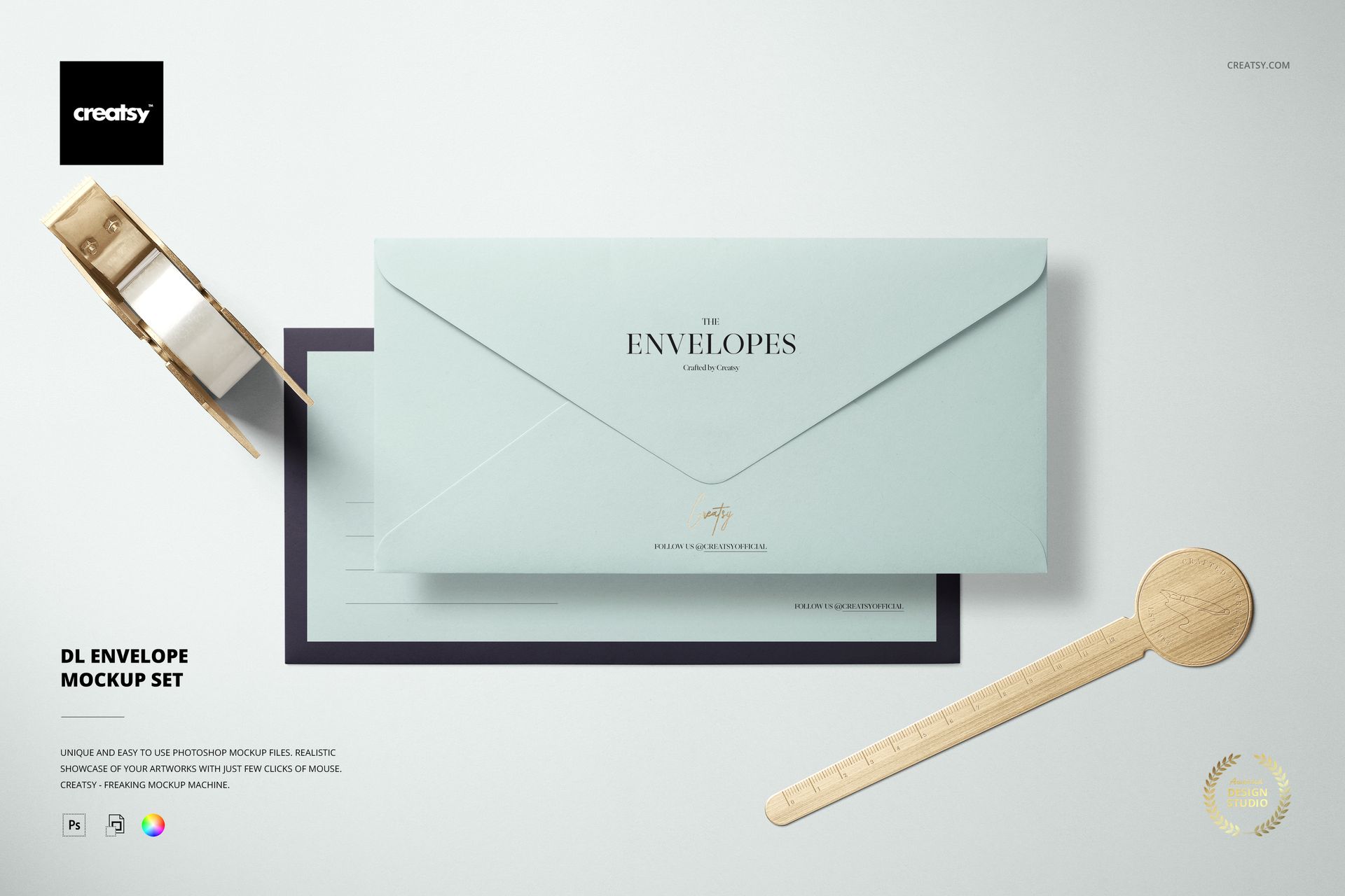 DL envelope mockup set featuring a pale blue envelope with matching paper, shown from a top view on a light background.
