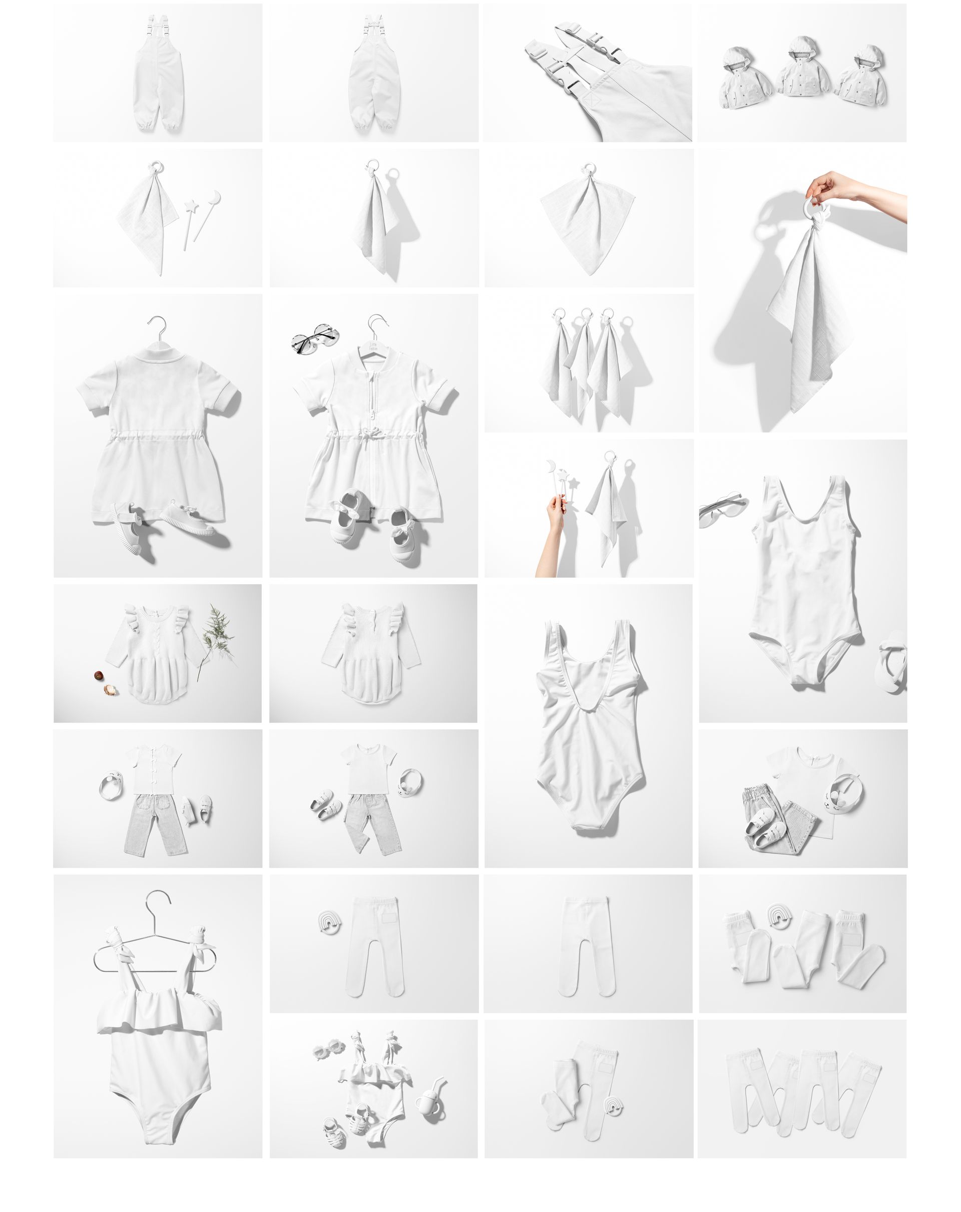Grid layout of kids and baby clothing mockups, including dresses, bodysuits, pants, and accessories on a white background.