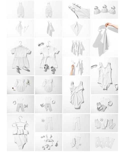 Grid layout of kids and baby clothing mockups, including dresses, bodysuits, pants, and accessories on a white background.