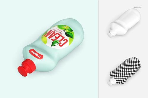 Dishwashing liquid bottle with a red cap lying on a light surface, shown in three mockup variations including blank and patterned.