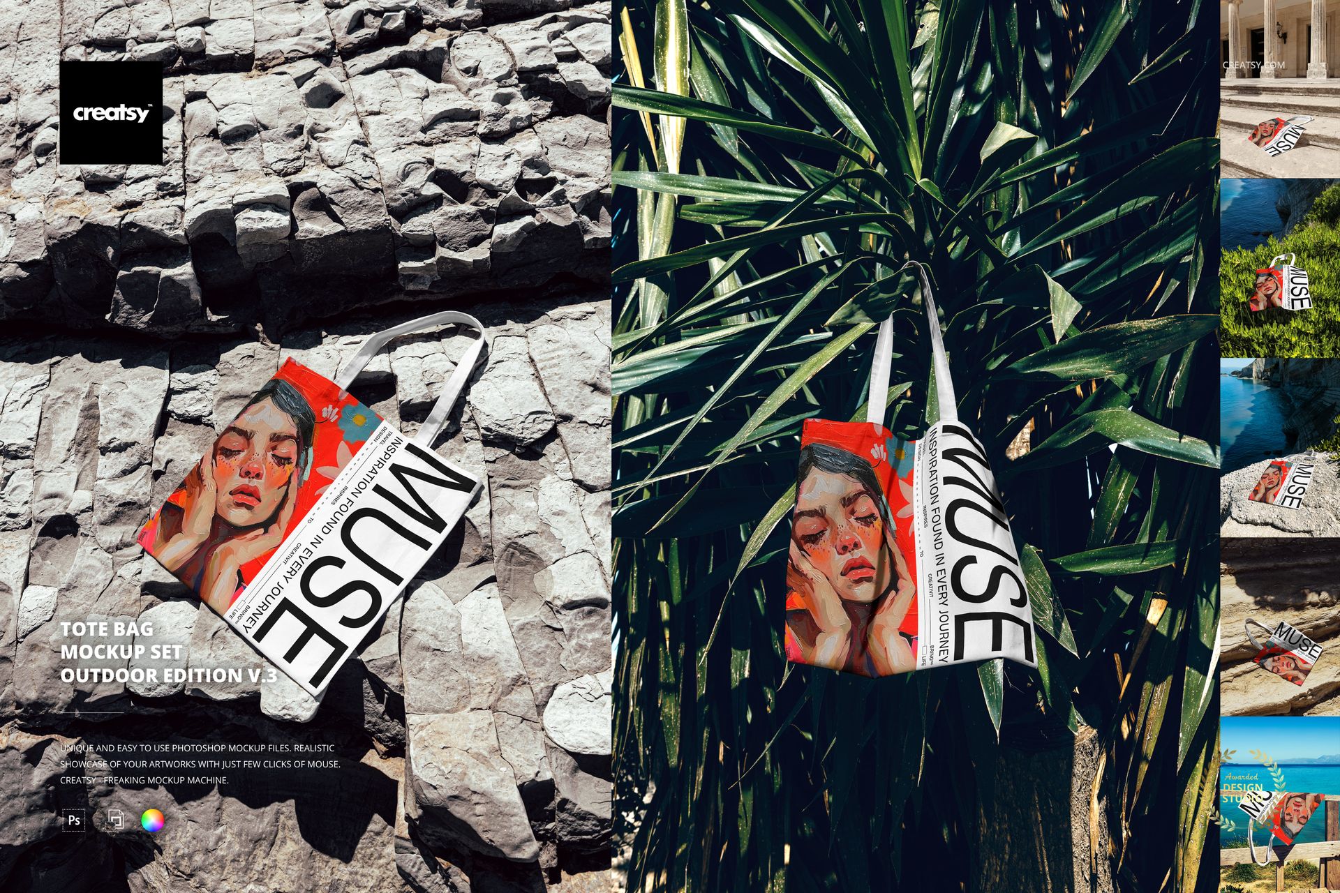 Classic tote bag mockup hanging on a palm tree, featuring bold text design and natural outdoor textures.