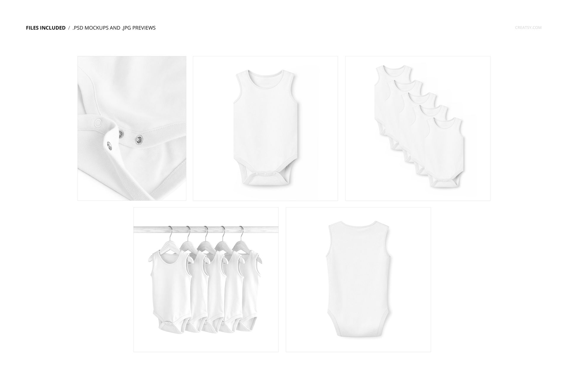 Sleeveless baby bodysuit mockup set featuring plain white bodysuits shown from various angles and groupings.