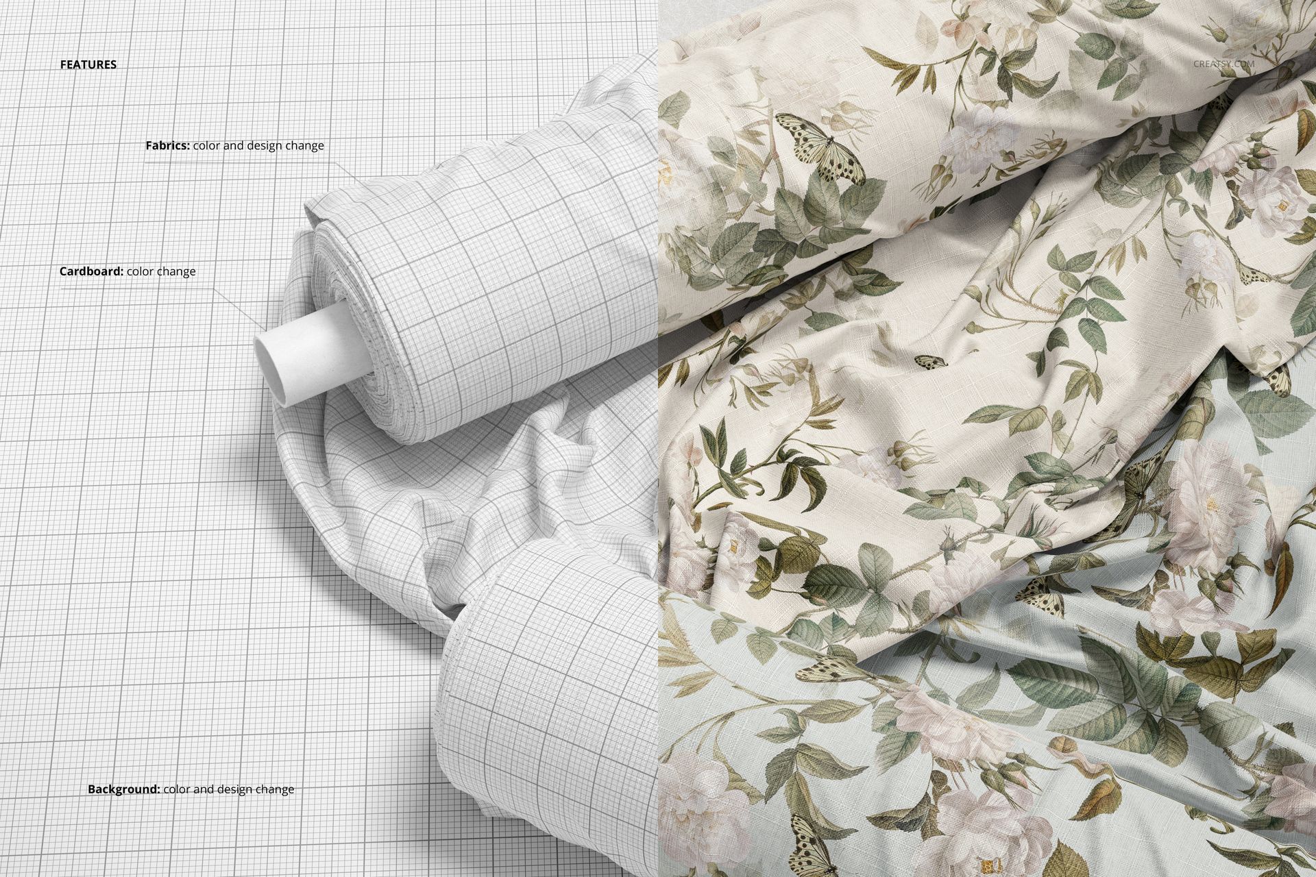Fabric rolls mockup showing two rolls, one with a grid pattern and one with a floral design, viewed from above.