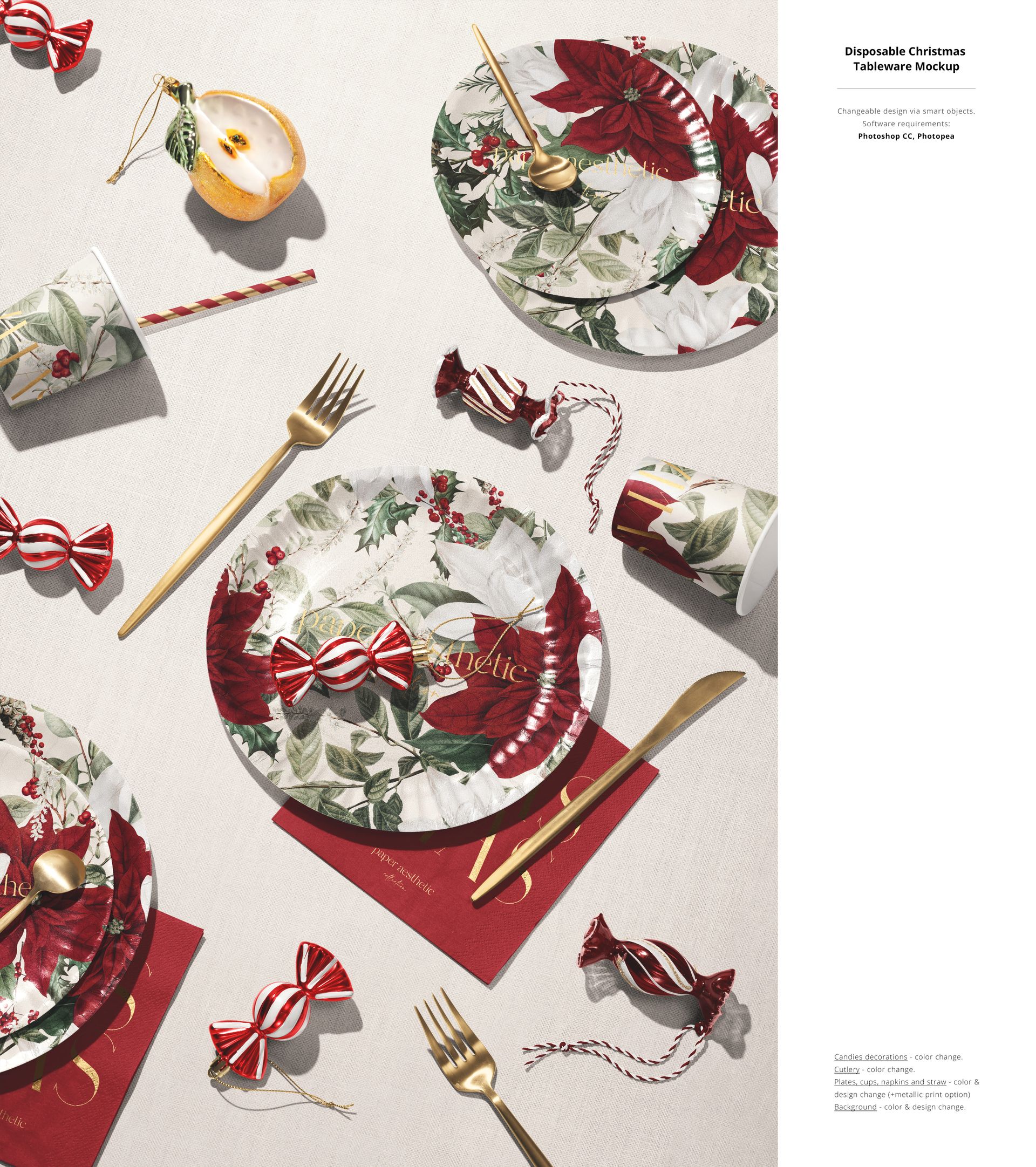Christmas-themed disposable tableware mockup featuring plates, cups, and cutlery with red and green floral patterns.