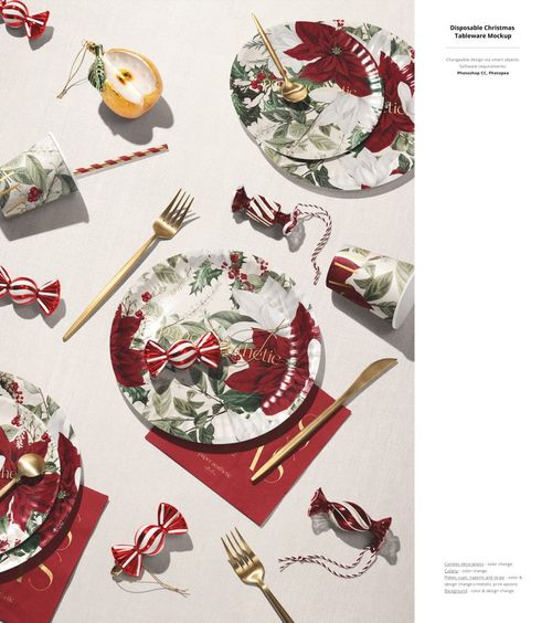 Christmas-themed disposable tableware mockup featuring plates, cups, and cutlery with red and green floral patterns.