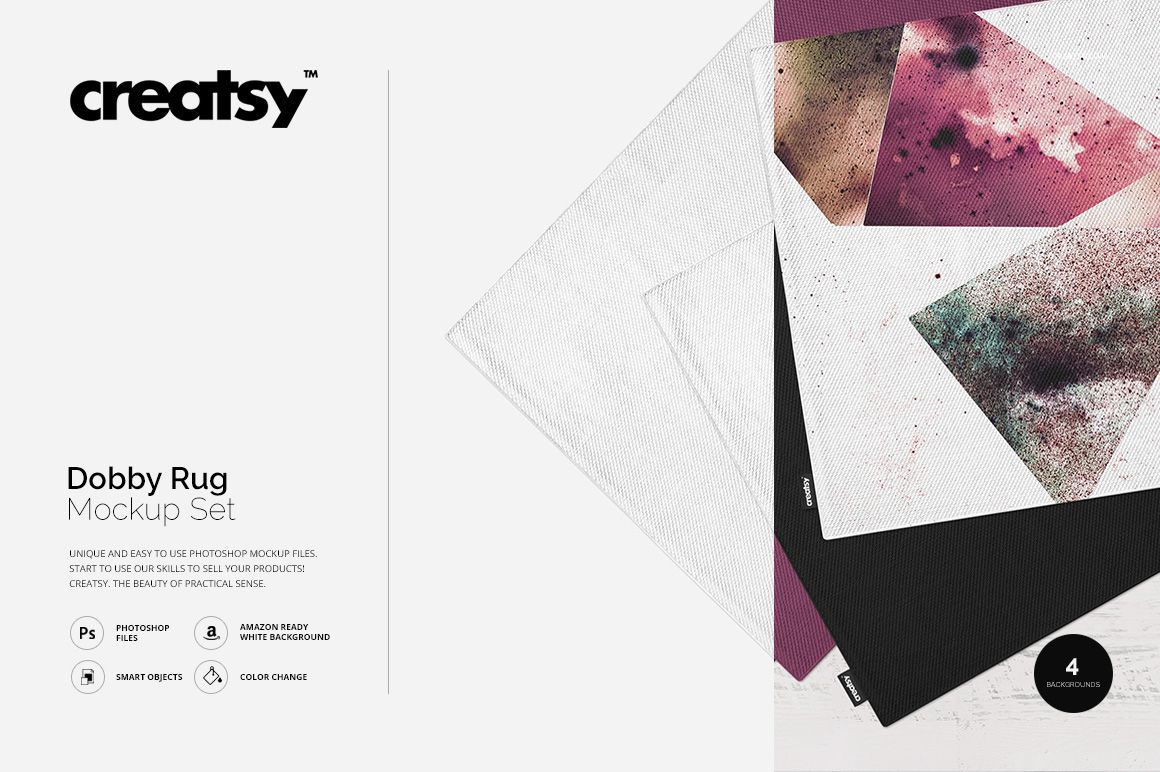 Top view of several rectangular dobby rugs in a mockup set, featuring different colors and abstract patterns.