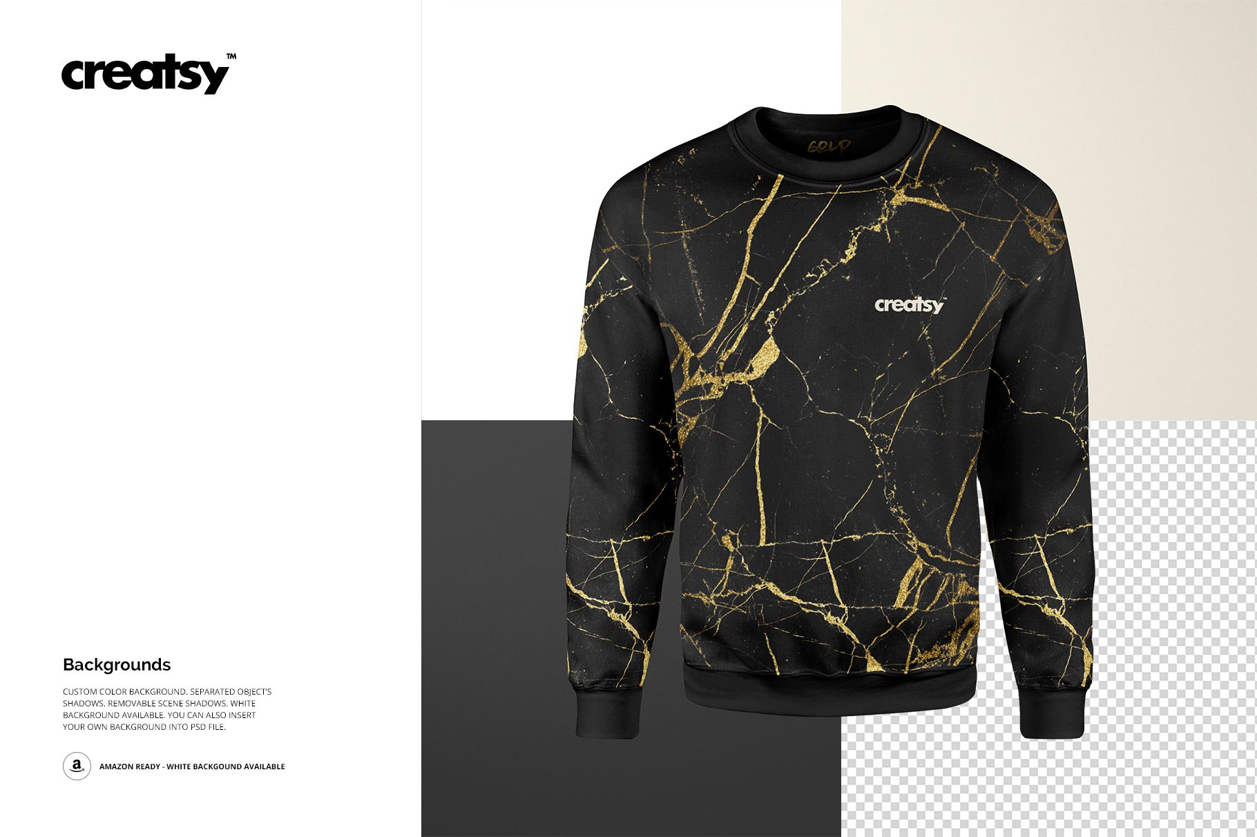 Front view of a black adult sweatshirt with gold marble pattern, displayed on a neutral background in a PSD mockup.