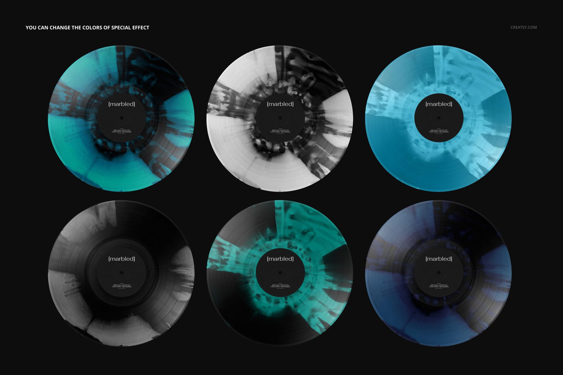 PSD mockup featuring six vinyl records with swirling marbled colors in blue, black, and white, arranged in two rows.