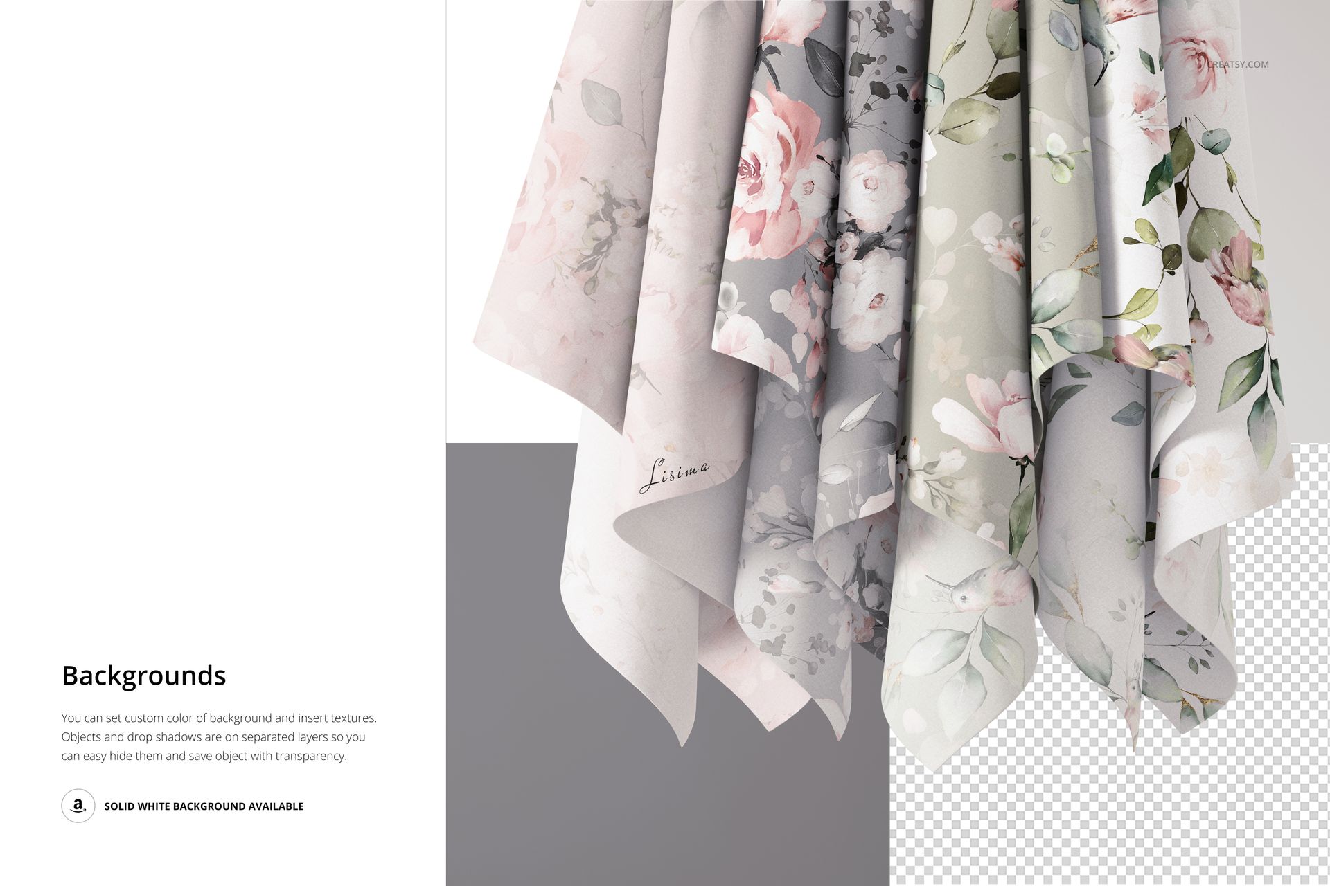 PSD mockup showing multiple draped fabrics in soft floral prints, arranged vertically with a light neutral backdrop.