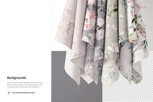 PSD mockup showing multiple draped fabrics in soft floral prints, arranged vertically with a light neutral backdrop.