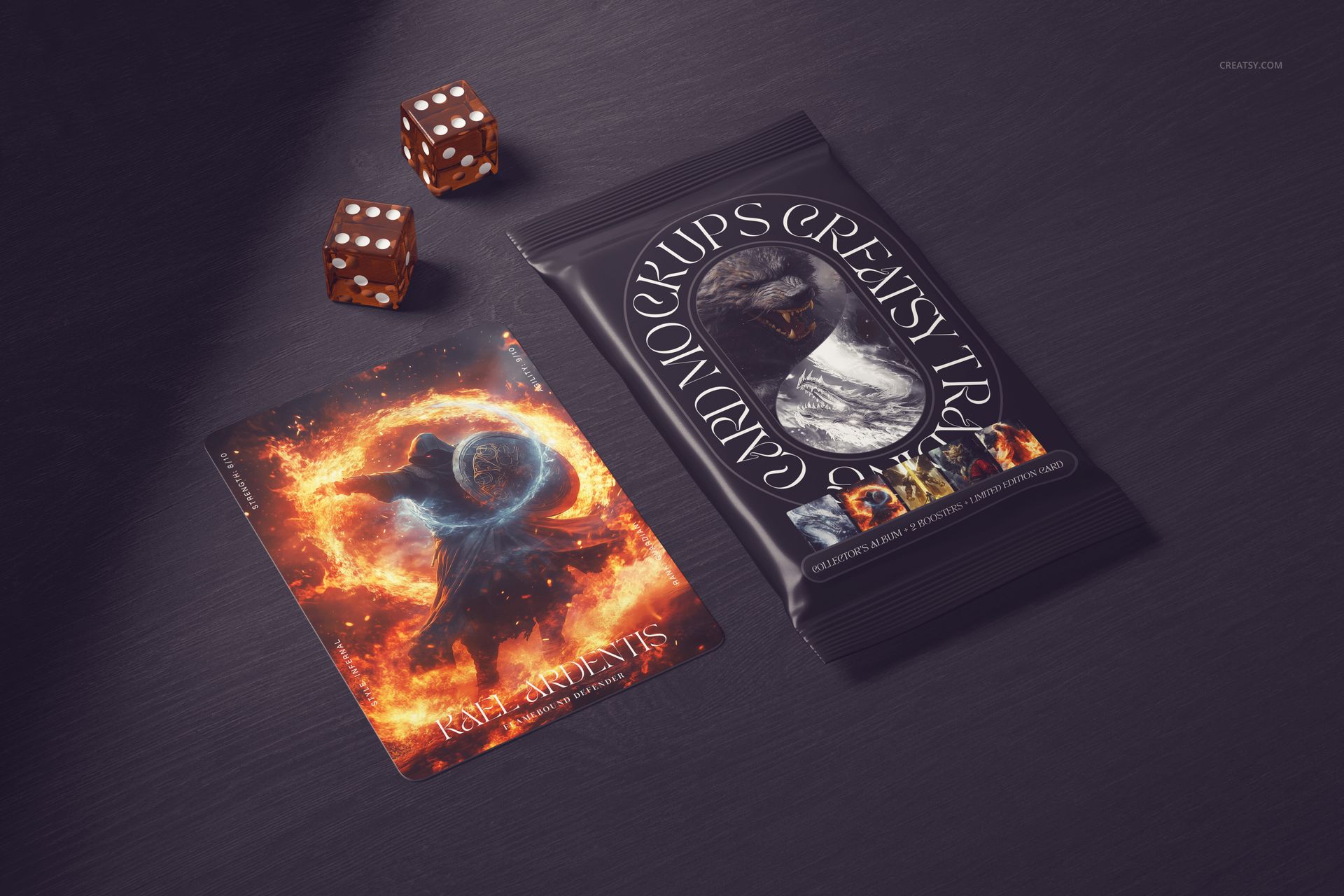 Trading card mockup featuring a fiery fantasy design next to a sealed black pack and two brown dice on a dark surface.