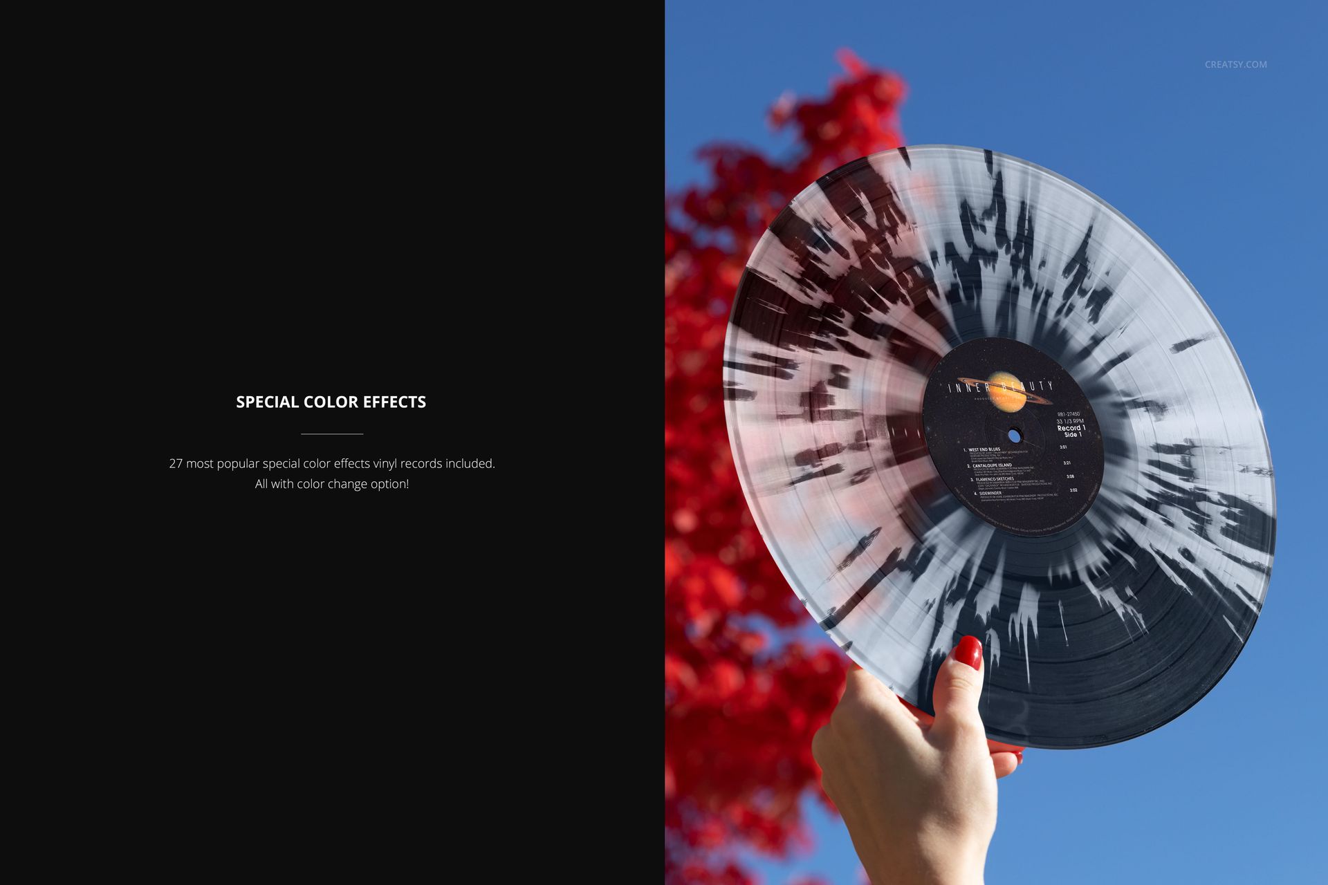 Translucent vinyl record mockup featuring black and white color effects, held up before a red tree and clear blue sky.