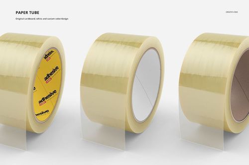 PSD mockup of multiple clear packaging tape rolls with visible adhesive strips and yellow branded cores, isolated on white.