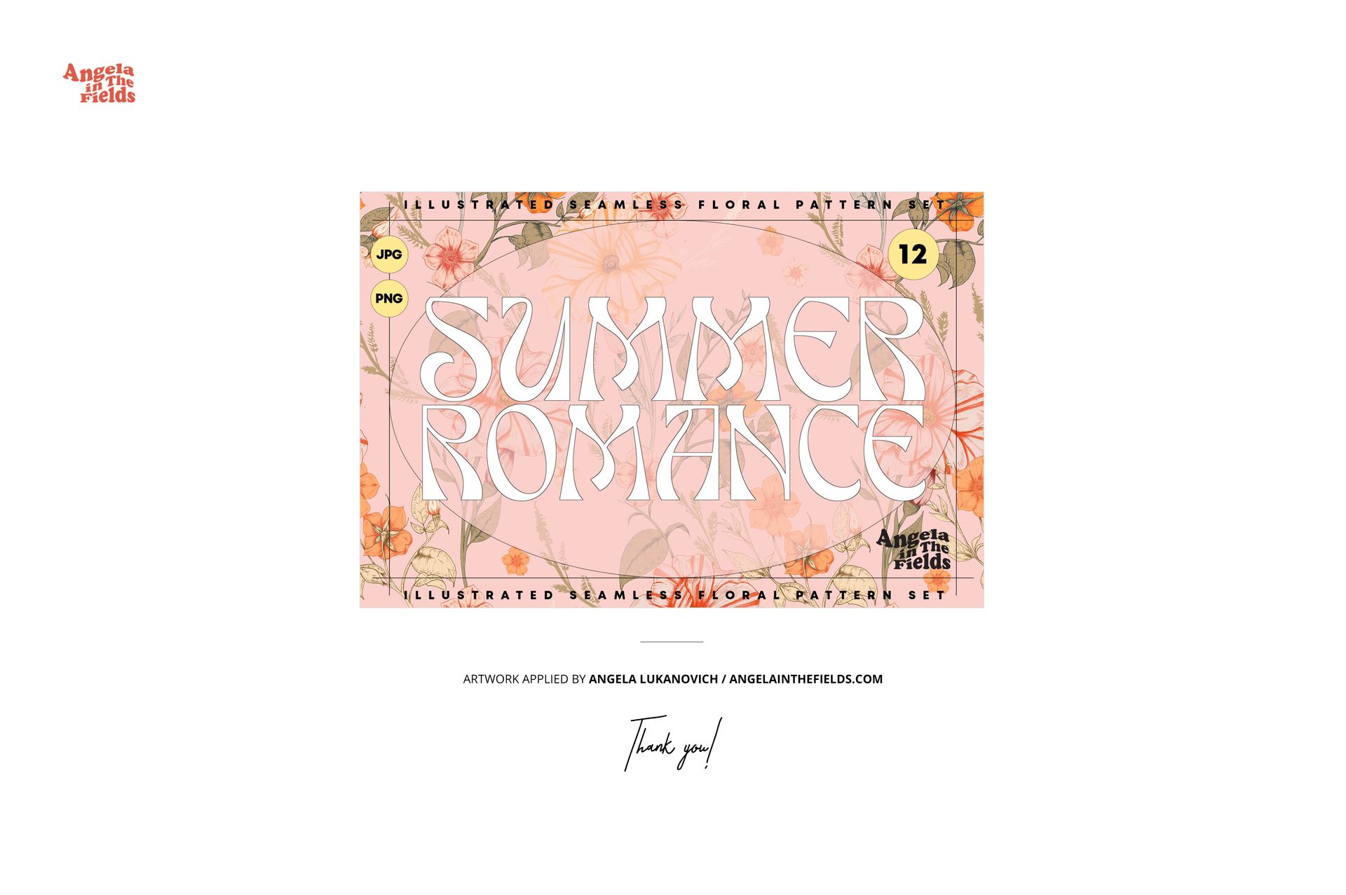 Rectangular fabric piece mockup with a pink background, floral patterns, and the text 'Summer Romance' in large letters.