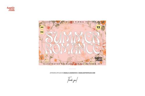 Rectangular fabric piece mockup with a pink background, floral patterns, and the text 'Summer Romance' in large letters.