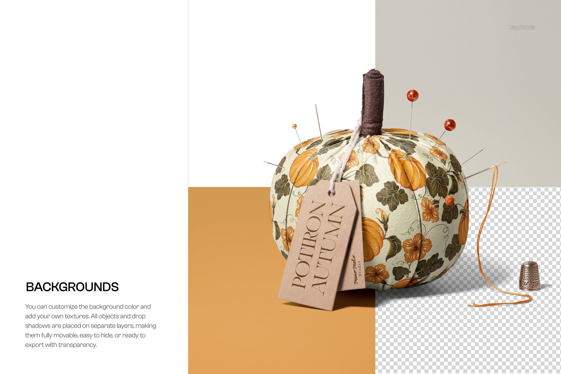 Front view of a fabric pumpkin with autumn leaf pattern, sewing pins, brown stem, and a label tag on a mockup scene.