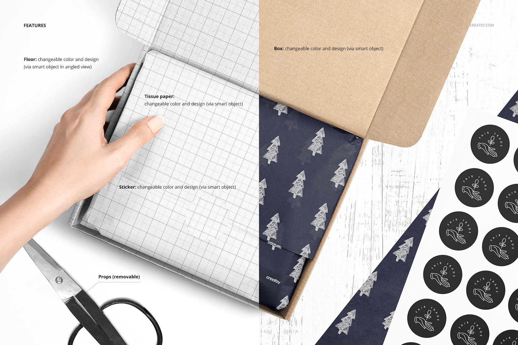Mailer box packaging mockup with patterned tissue paper, grid wrapping sheet, hand, and black sticker sheets.