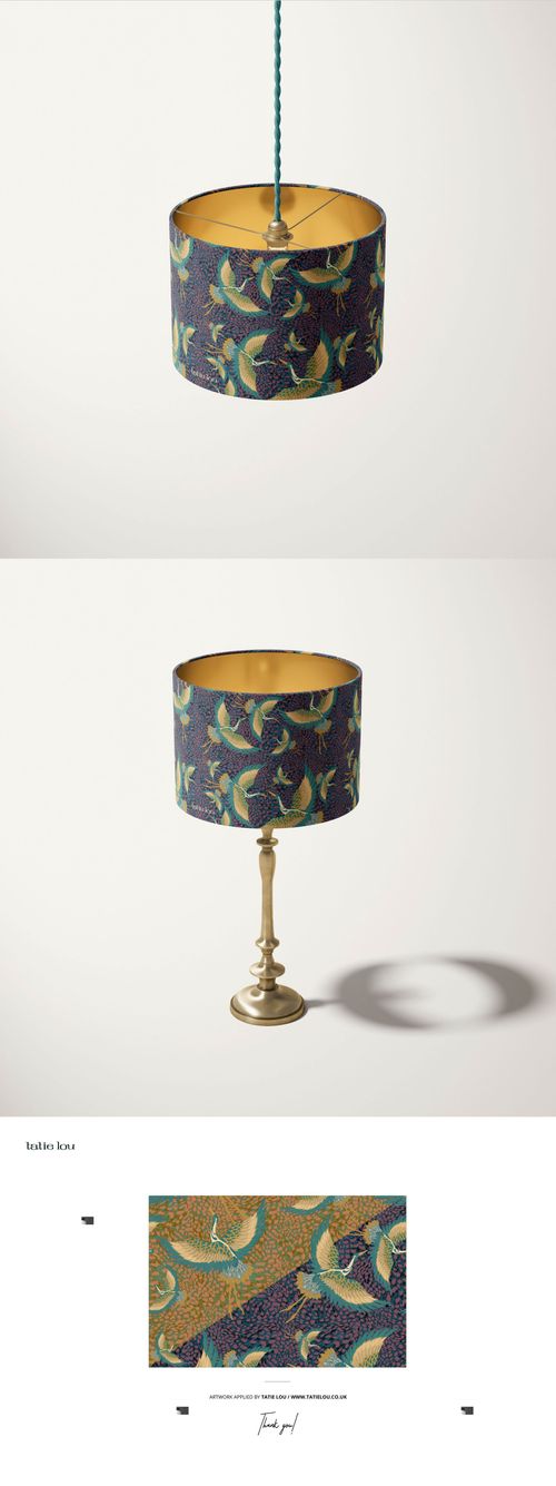 Fabric lampshade mockup with a cylindrical shape, featuring a dark botanical pattern, shown from multiple angles.