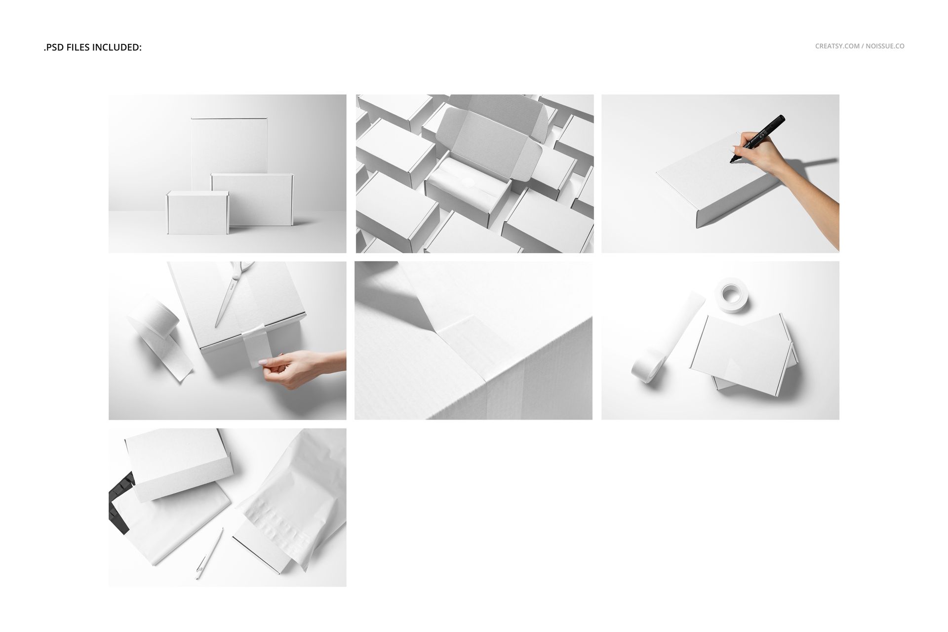 PSD mockup set featuring clean white mailing boxes, detailed textures, and props like tape and hands for realistic presentation.