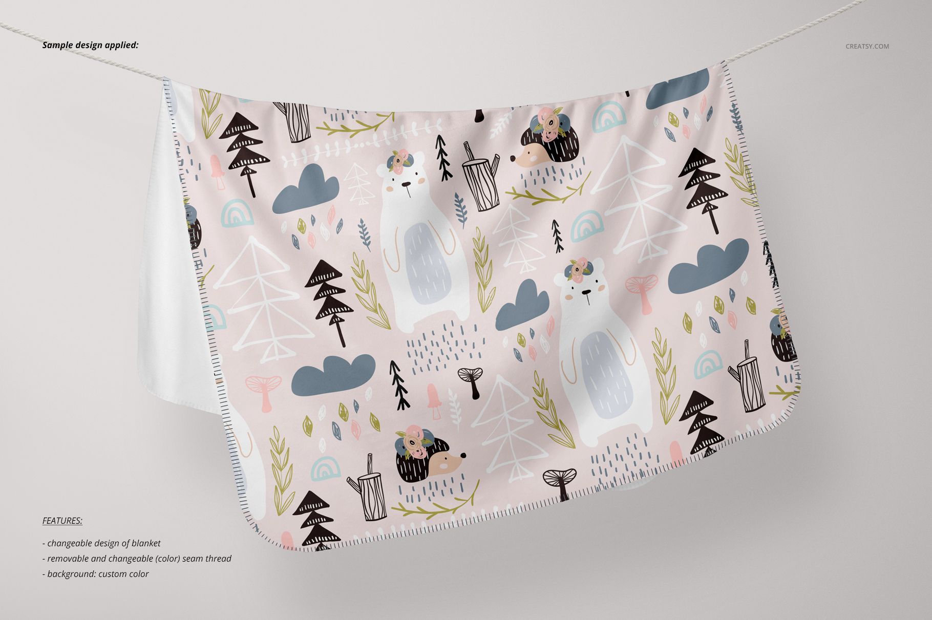 Kids blanket mockup featuring playful bears, trees, and clouds in pastel tones, displayed from a front perspective.
