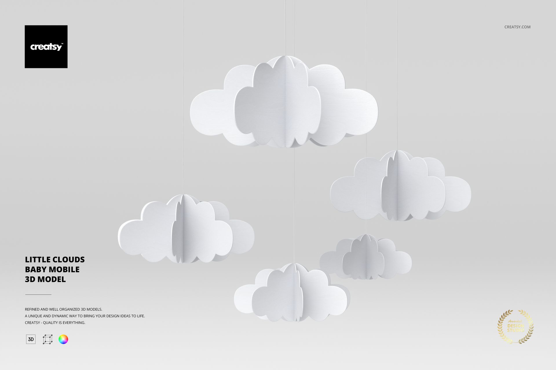 Front view of a baby mobile featuring multiple white cloud shapes suspended against a light gray background.