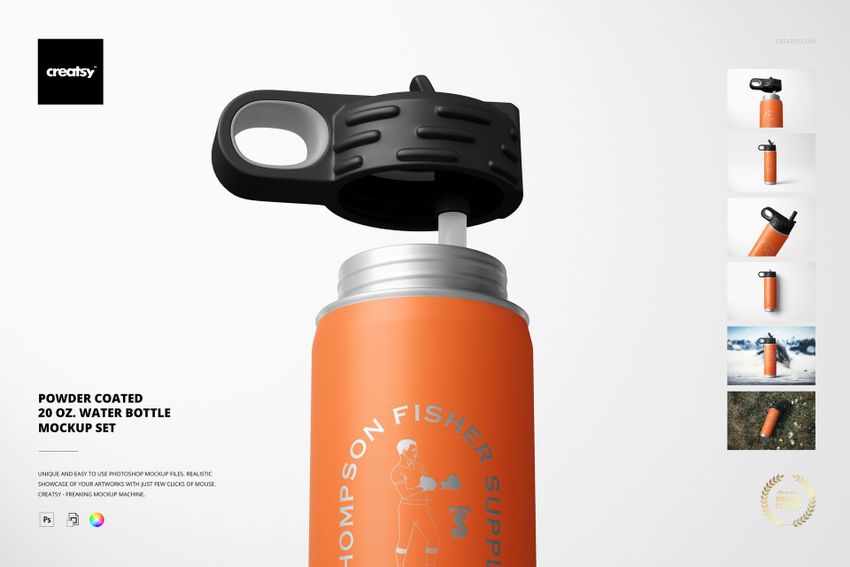 Front view of an orange powder coated 20 oz. water bottle with black lid, shown on a white background with mockup previews.
