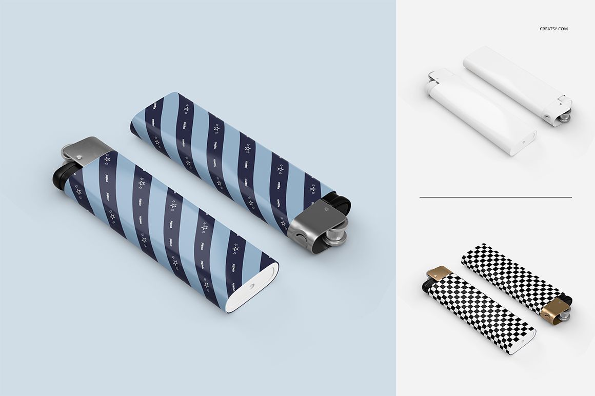 PSD mockup of lighters with different decorative finishes, including geometric patterns and minimalist white style.